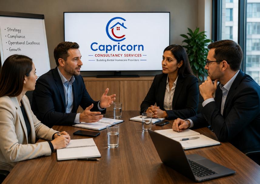 Consultants discussing a homecare business strategy