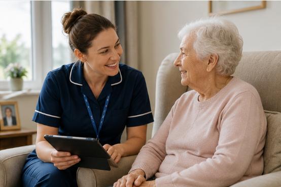 Care professional supporting an older person at home